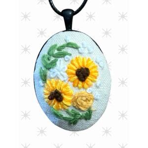 Bright Sunflowers Floral Embroidery Necklace - Handmade Pendant